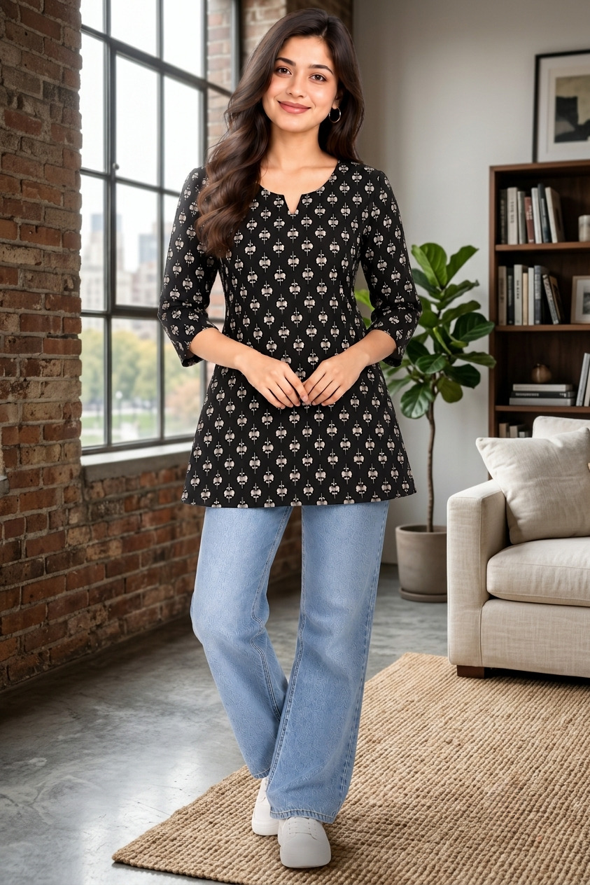 Women’s Black Printed Cotton Short Kurthi with 3/4 Sleeves | Casual Ethnic Tunic Top