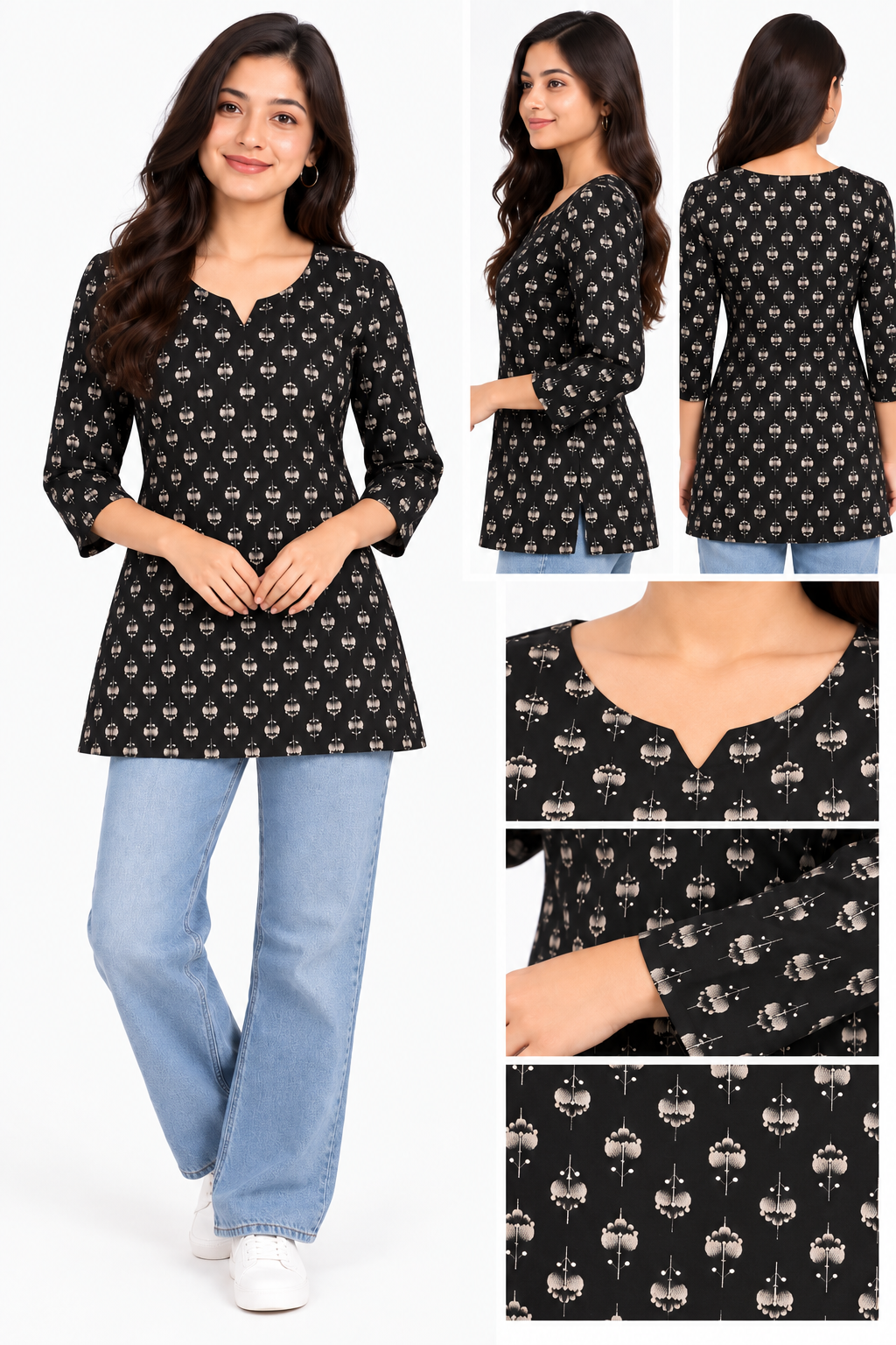 Women’s Black Printed Cotton Short Kurthi with 3/4 Sleeves | Casual Ethnic Tunic Top