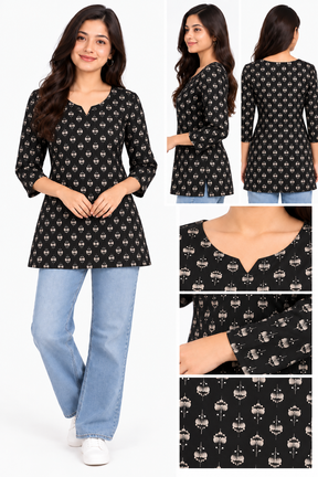 Women’s Black Printed Cotton Short Kurthi with 3/4 Sleeves | Casual Ethnic Tunic Top