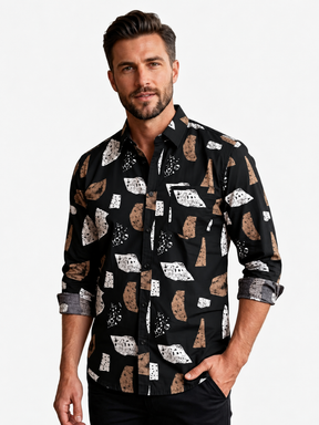 Men’s Black Geometric Printed Full Sleeve Casual Shirt | Stylish Abstract Pattern Shirt