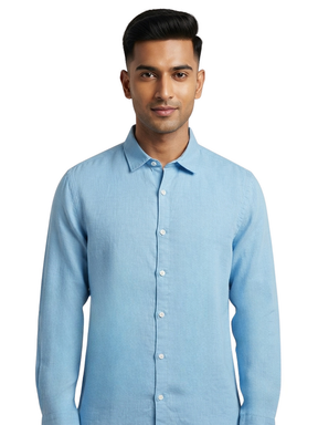 Men's Sky Blue Solid Casual Linen Shirt | Regular Fit Long-Sleeve Shirt for Summer & Casual Wear