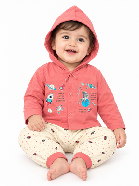 Baby Boy Cotton Hoodie Set with Printed Track Pants | Full Sleeve Hooded Jacket & Bottom Wear | Winter Wear Set