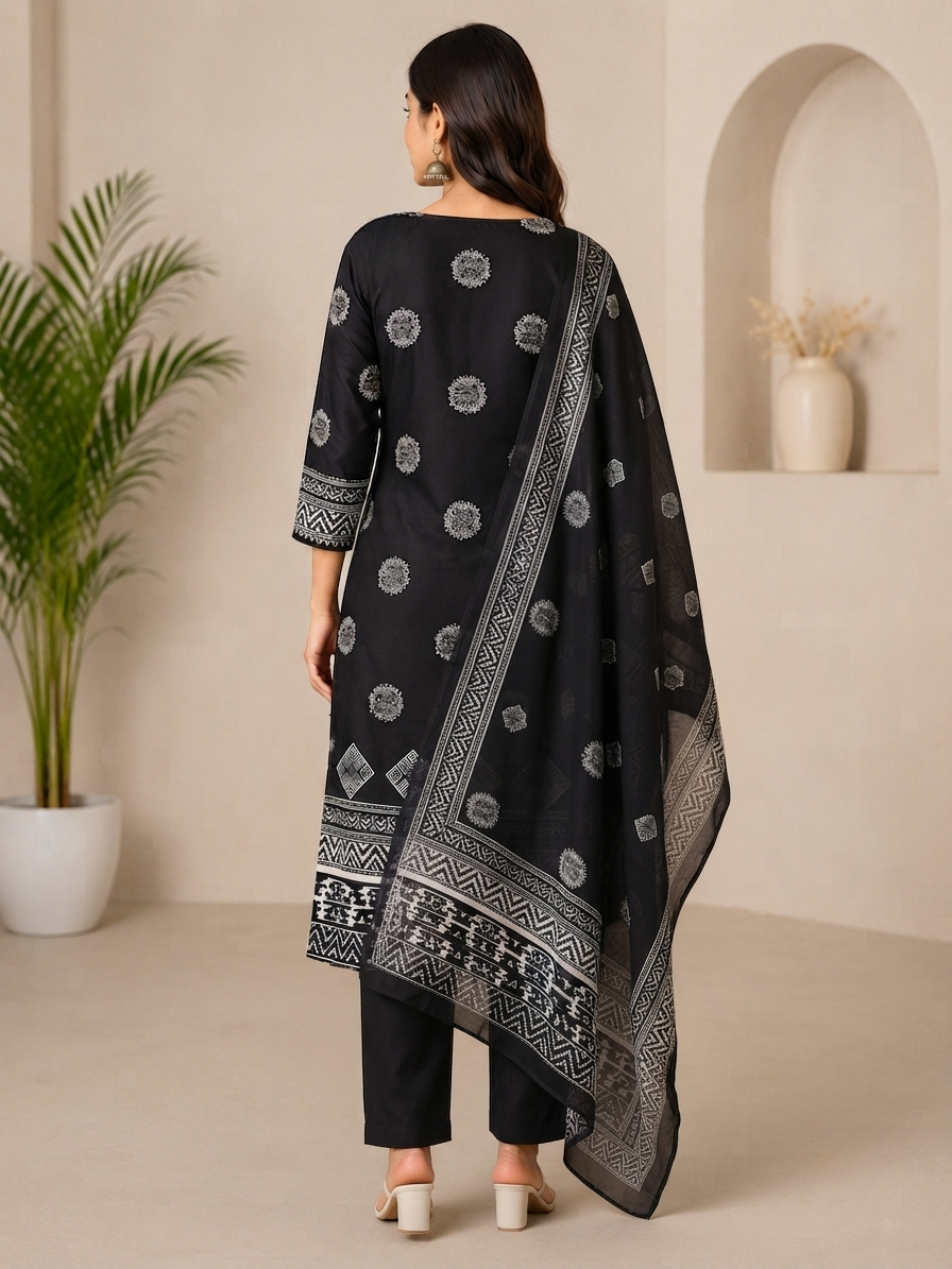 Black Printed 3/4 Sleeve Kurta Set for Women with Dupatta & Black Pants