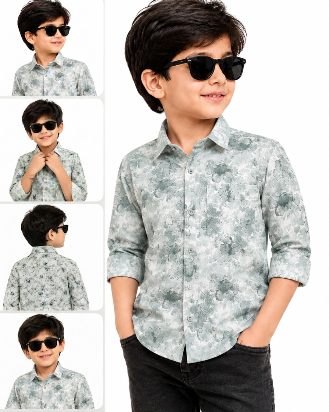Boys Grey Floral Printed Cotton Shirt | Stylish Casual & Party Wear Kids Shirt