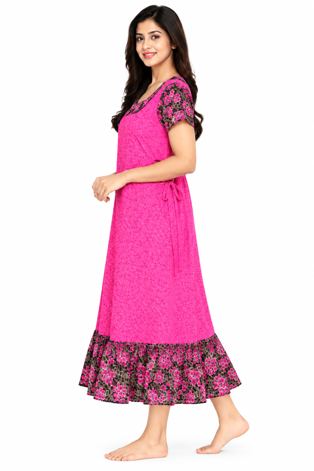 Women’s Cotton Frock Nighty | Printed Short Sleeve Night Dress with Floral Border | Comfortable Home Wear & Sleepwear