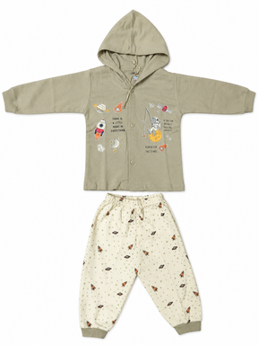 Baby Boy Cotton Hoodie Set with Printed Track Pants | Full Sleeve Hooded Jacket & Bottom Wear | Winter Wear Set