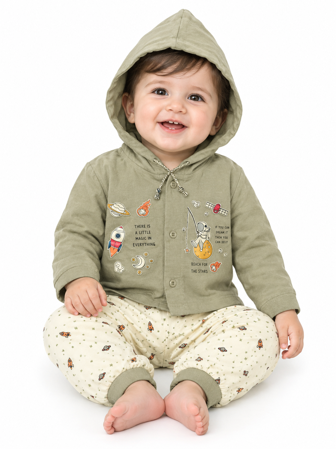 Baby Boy Cotton Hoodie Set with Printed Track Pants | Full Sleeve Hooded Jacket & Bottom Wear | Winter Wear Set