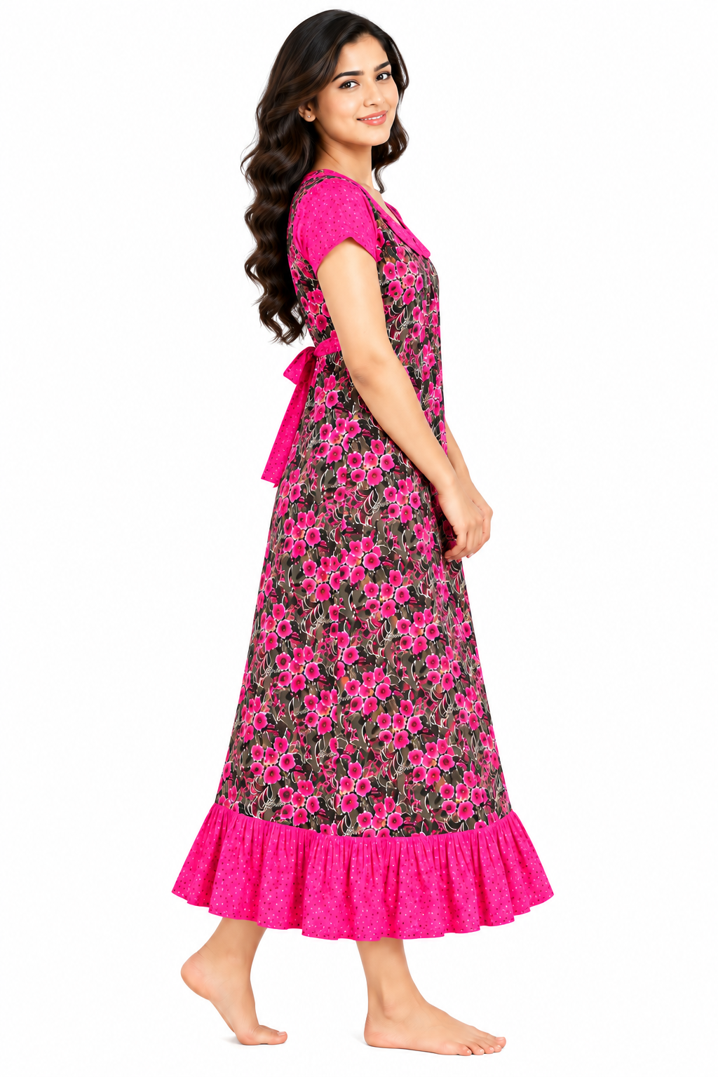 Women’s Cotton Printed Frock Nighty | Pink Floral Long Nightdress with Round Collar & Frill | Comfortable Daily Wear Sleepwear