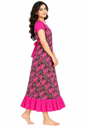 Women’s Cotton Printed Frock Nighty | Pink Floral Long Nightdress with Round Collar & Frill | Comfortable Daily Wear Sleepwear
