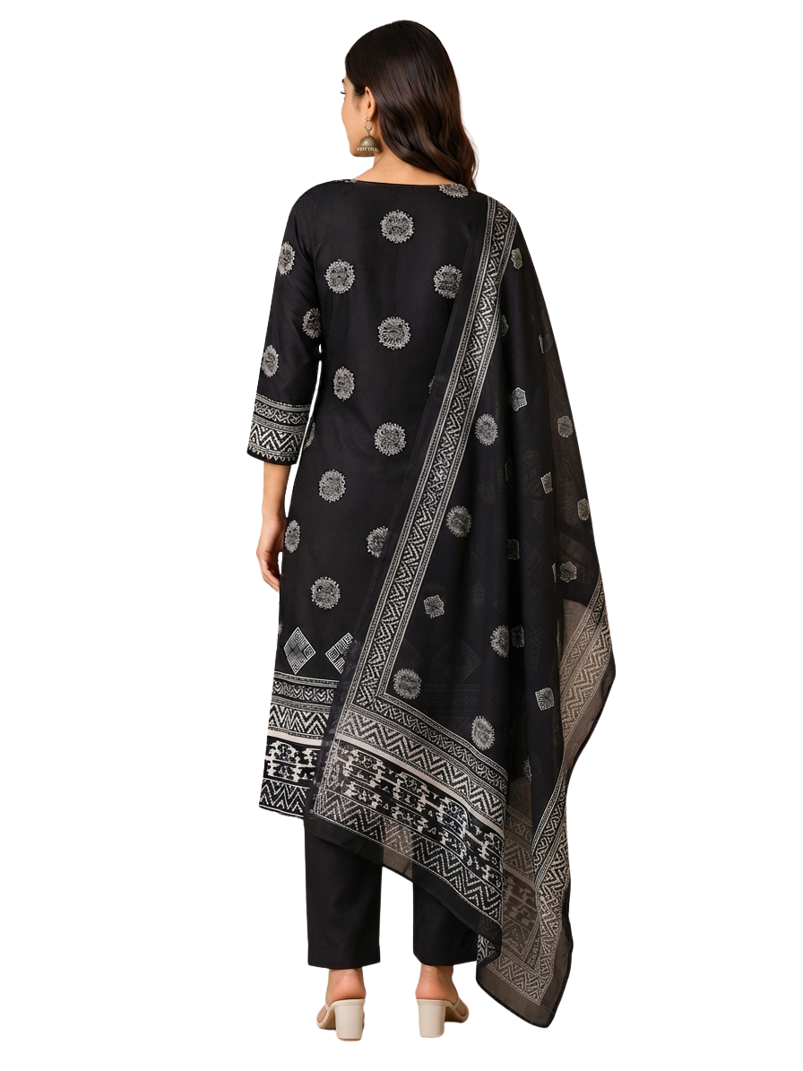Black Printed 3/4 Sleeve Kurta Set for Women with Dupatta & Black Pants