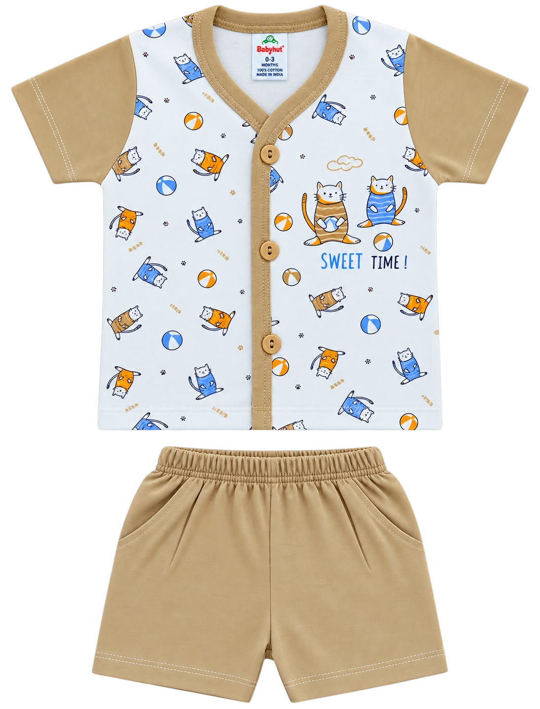 New born 2-Piece Cotton Co-Ord Set | Cute Cat Printed T-Shirt & Shorts Set