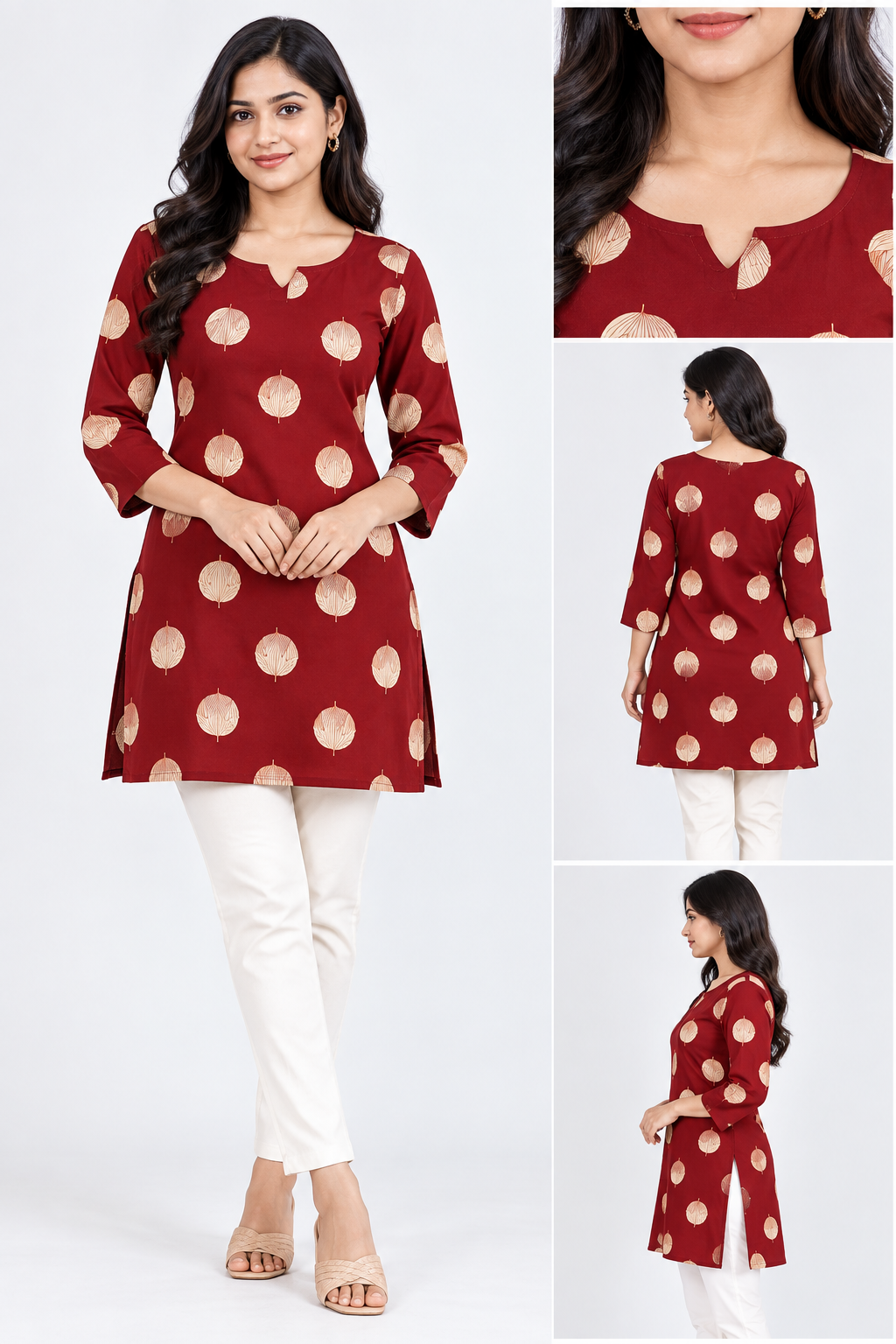 Women’s Cotton Short Kurti – Wine Red Printed 3/4 Sleeve Casual & Ethnic Wear