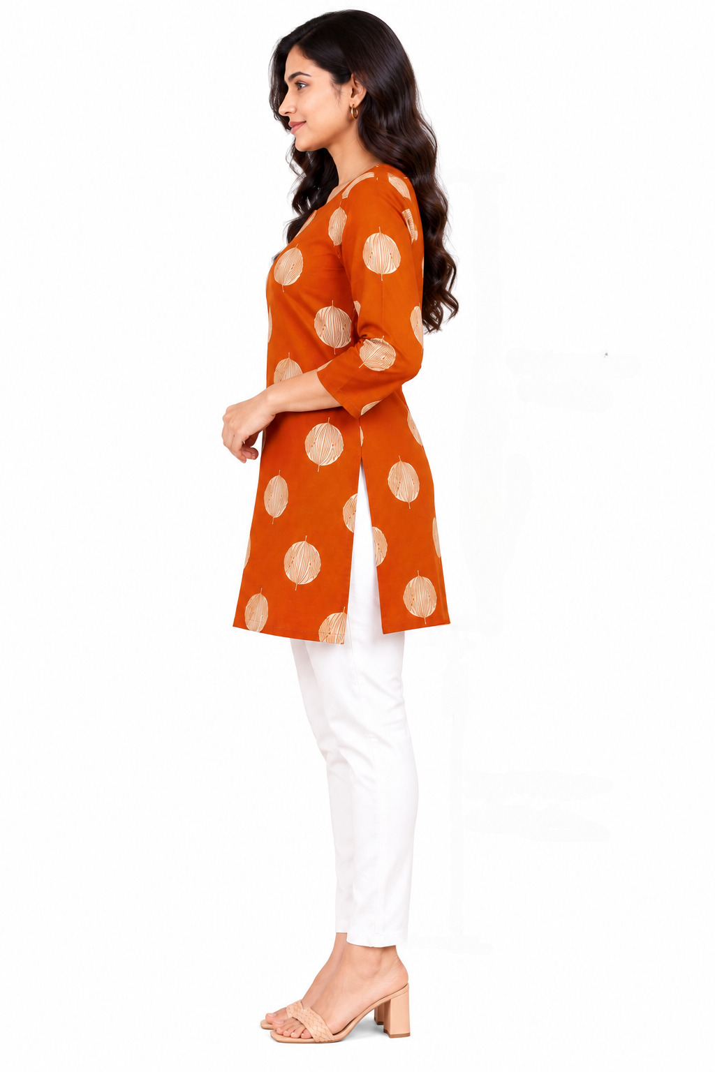 Women’s Cotton Printed Short Kurti | Round Neck 3/4 Sleeve Casual Ethnic Kurta | Orange