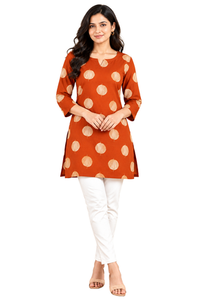 Women’s Cotton Printed Short Kurti | Round Neck 3/4 Sleeve Casual Ethnic Kurta | Orange