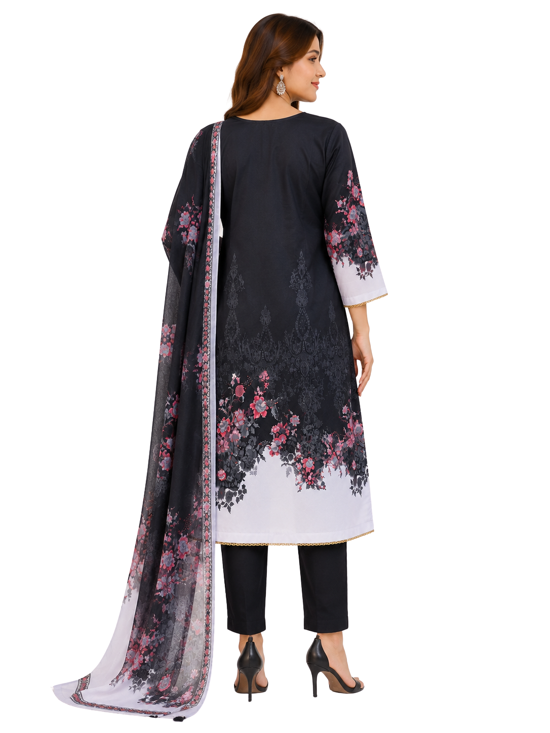Elegant Black & White Floral Printed Pakistani Suit Set for Women with Dupatta
