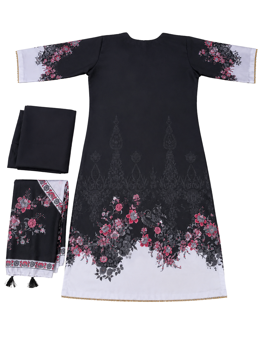 Elegant Black & White Floral Printed Pakistani Suit Set for Women with Dupatta