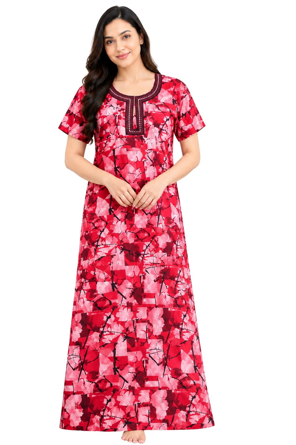 Women’s Cotton Nighty Pink Printed Nightdress with Half Sleeves, Stylish Round Neck & Full Length