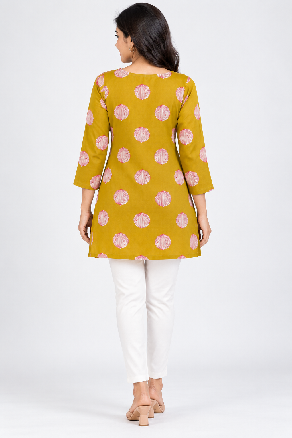 Women’s Cotton Printed Short Kurti | Mustard Yellow Floral Print 3/4 Sleeve Straight Kurta