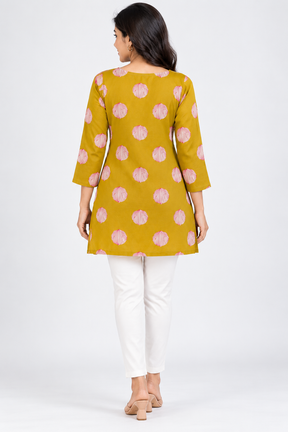 Women’s Cotton Printed Short Kurti | Mustard Yellow Floral Print 3/4 Sleeve Straight Kurta