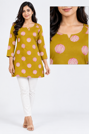 Women’s Cotton Printed Short Kurti | Mustard Yellow Floral Print 3/4 Sleeve Straight Kurta
