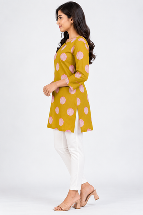 Women’s Cotton Printed Short Kurti | Mustard Yellow Floral Print 3/4 Sleeve Straight Kurta