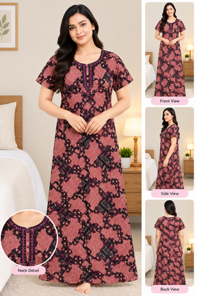 Women’s Cotton Nighty Pink & Black Printed Nightdress with Half Sleeves, Round Neck & Comfortable Full Length