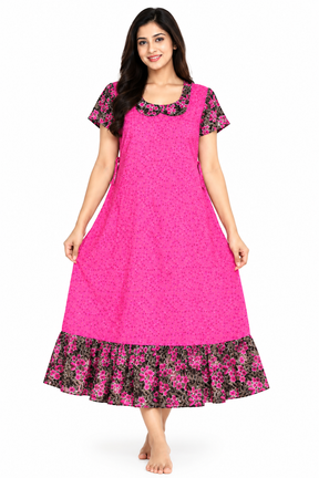 Women’s Cotton Frock Nighty | Printed Short Sleeve Night Dress with Floral Border | Comfortable Home Wear & Sleepwear