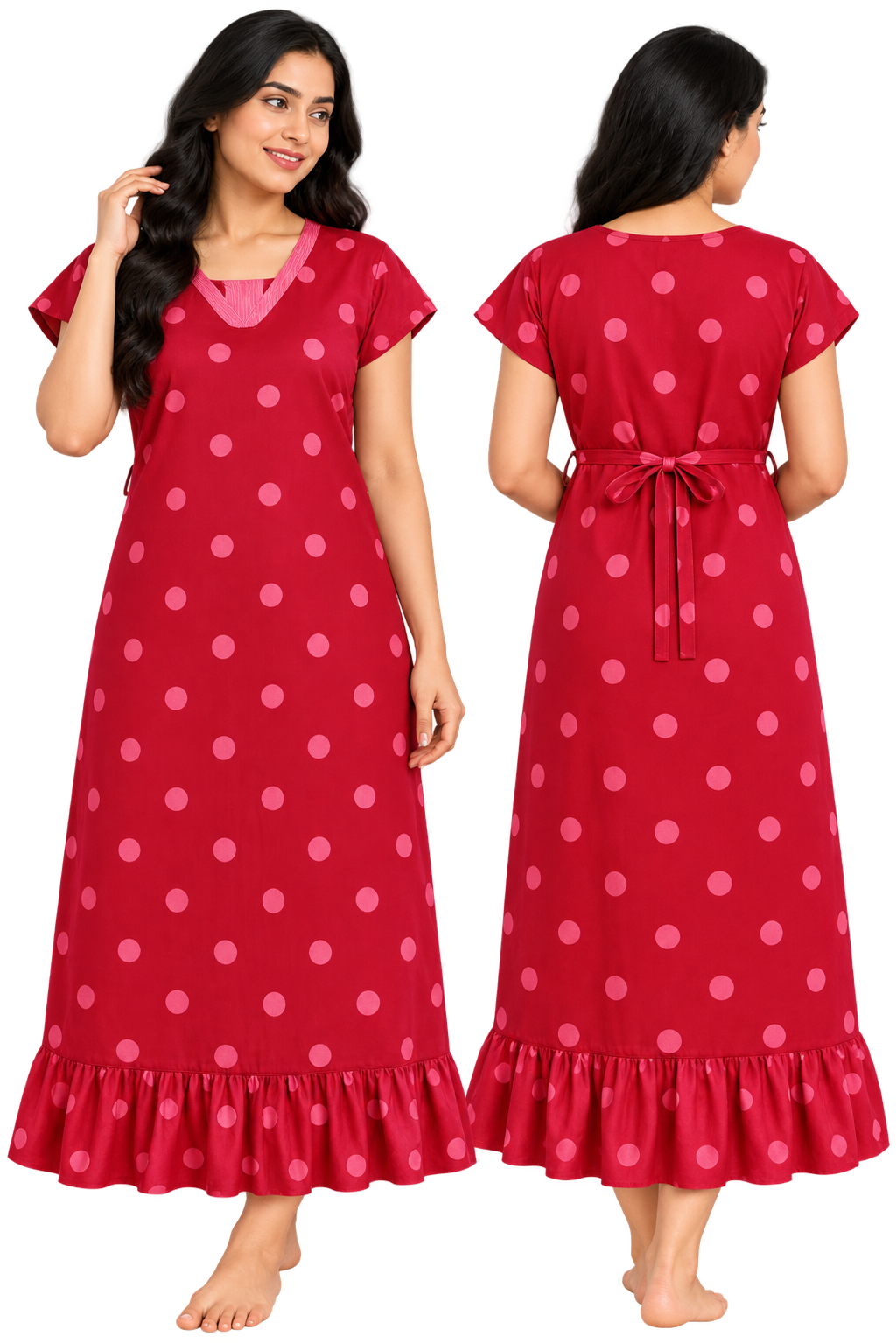Women’s Cotton Nighty | Red Polka Dot Printed Night Dress with Short Sleeves & Ruffle Hem