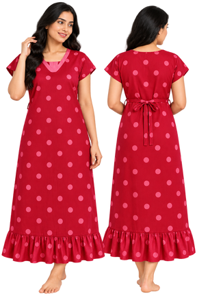 Women’s Cotton Nighty | Red Polka Dot Printed Night Dress with Short Sleeves & Ruffle Hem