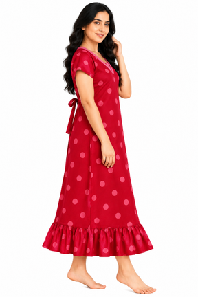 Women’s Cotton Nighty | Red Polka Dot Printed Night Dress with Short Sleeves & Ruffle Hem