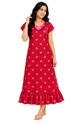 Women’s Cotton Nighty | Red Polka Dot Printed Night Dress with Short Sleeves & Ruffle Hem