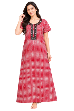 Women’s Cotton Nighty Red Printed Nightdress with Half Sleeves, Stylish Round Neck & Full Length