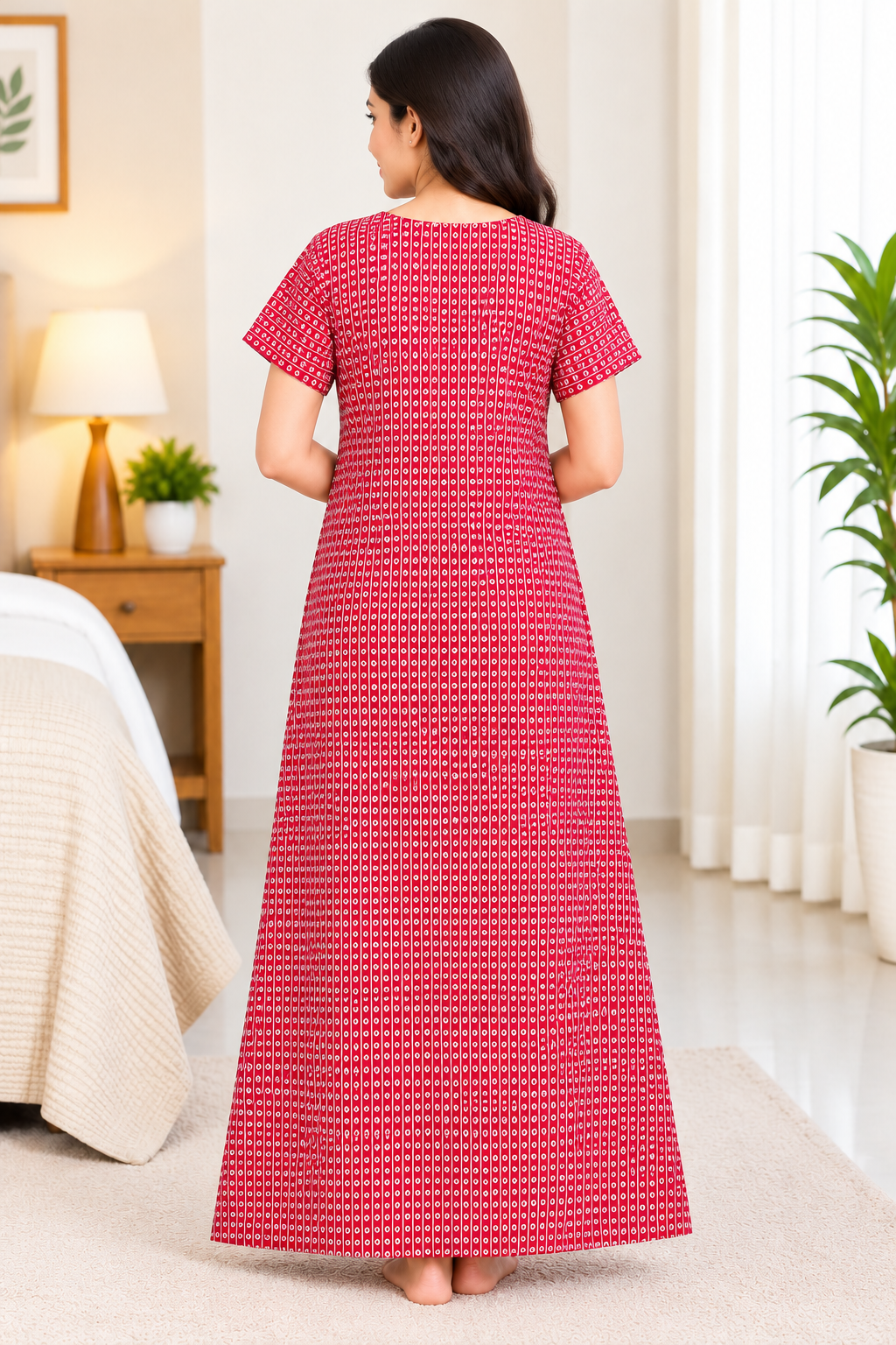 Women’s Cotton Nighty Red Printed Nightdress with Half Sleeves, Stylish Round Neck & Full Length