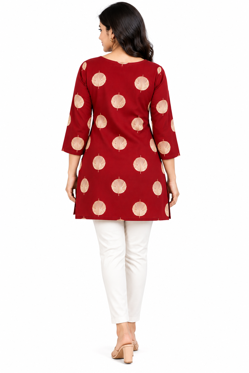 Women’s Cotton Short Kurti – Wine Red Printed 3/4 Sleeve Casual & Ethnic Wear