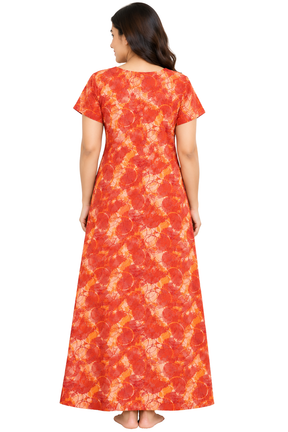 Women’s Cotton Nighty Orange Printed Nightdress with Half Sleeves, Round Neck & Comfortable Long Fit