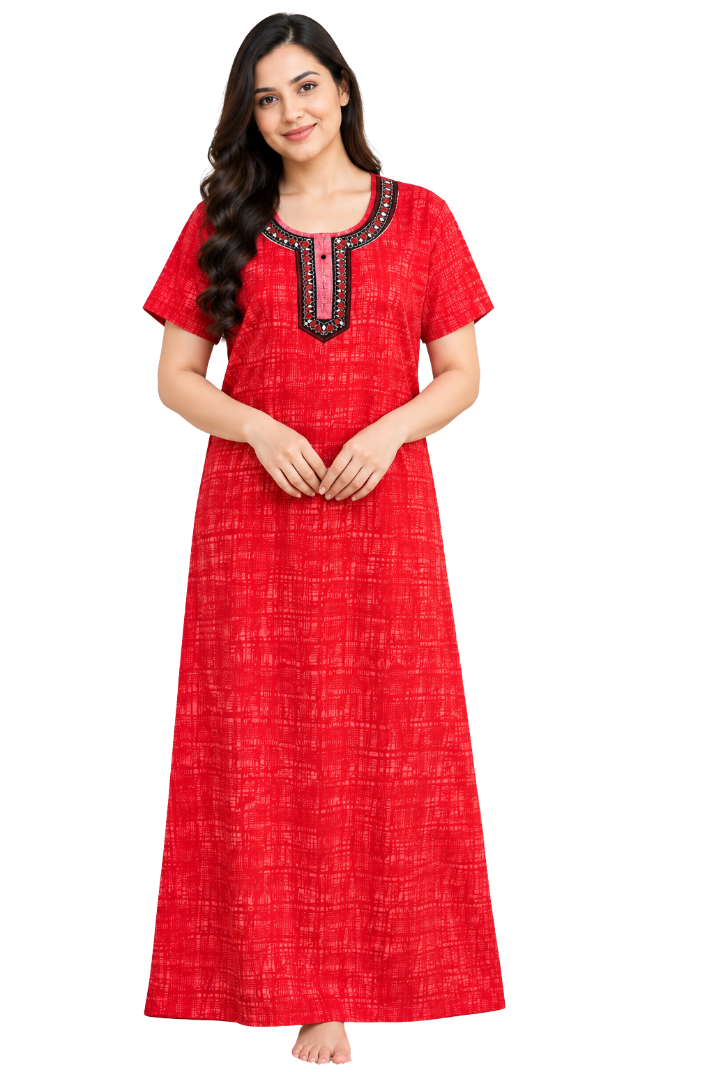 Women’s Cotton Nighty Red Printed Nightdress with Half Sleeves, Stylish Round Neck & Full Length