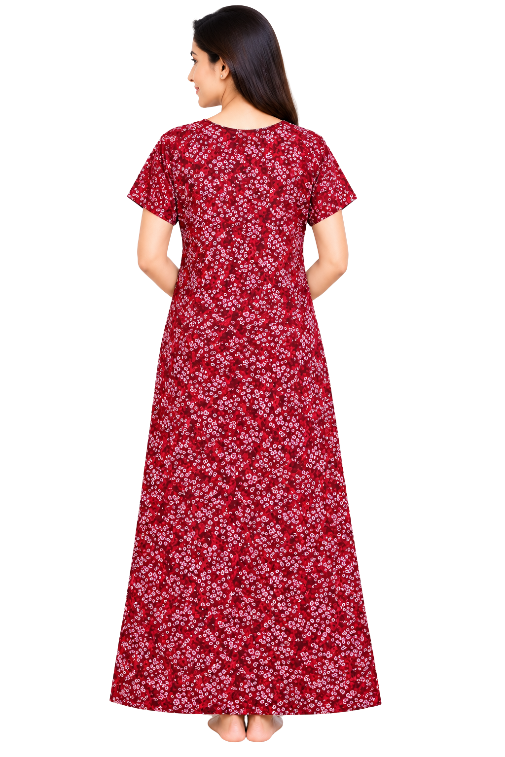 Women’s Cotton Nighty Maroon Printed Nightdress with Half Sleeves, Stylish Round Neck & Full Length