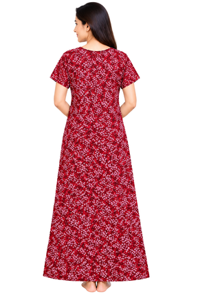 Women’s Cotton Nighty Maroon Printed Nightdress with Half Sleeves, Stylish Round Neck & Full Length
