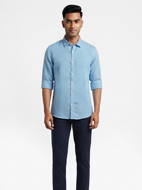Men's Sky Blue Solid Casual Linen Shirt | Regular Fit Long-Sleeve Shirt for Summer & Casual Wear