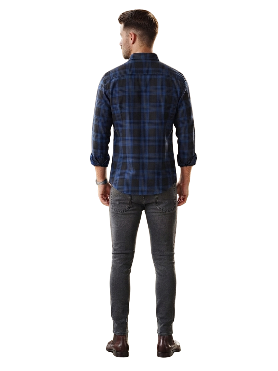 Men’s Black & Navy Blue Checkered Full Sleeve Casual Shirt | Stylish Plaid Button-Down Shirt