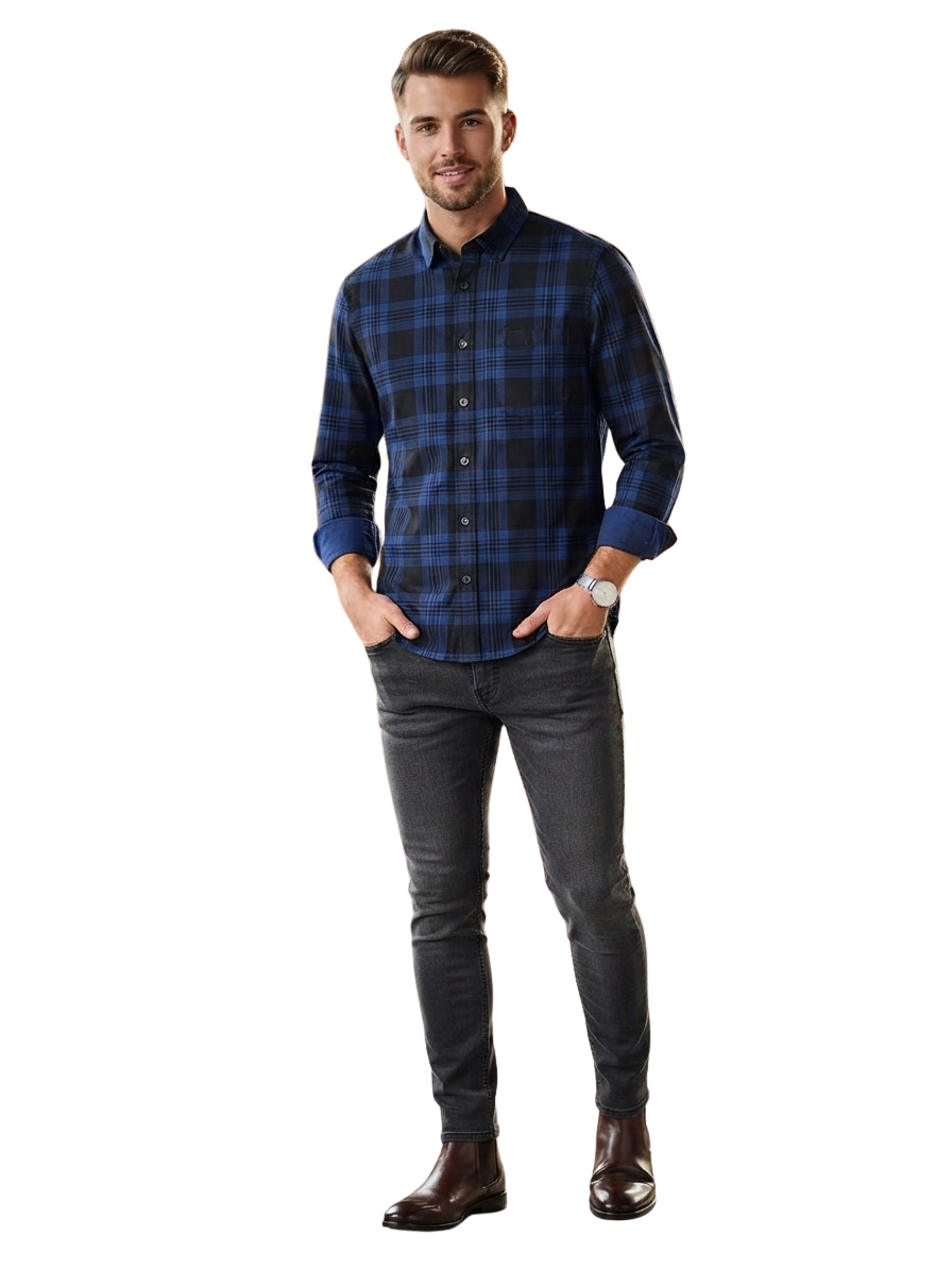 Men’s Black & Navy Blue Checkered Full Sleeve Casual Shirt | Stylish Plaid Button-Down Shirt