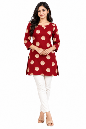 Women’s Cotton Short Kurti – Wine Red Printed 3/4 Sleeve Casual & Ethnic Wear