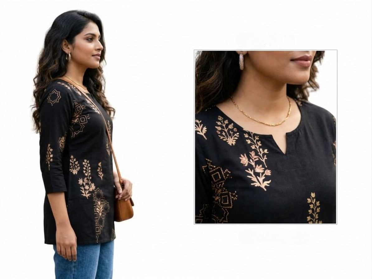 Women’s Black Printed Cotton Short Kurti | 3/4 Sleeve Casual Straight Kurta with V-Neck
